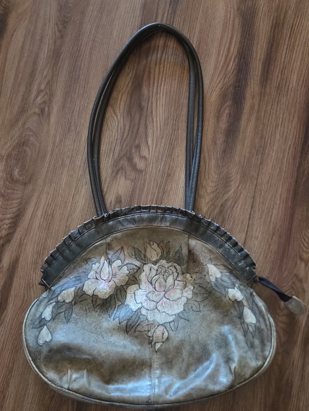 Vintage Floral Leather Shoulder Bag in Brown Grey